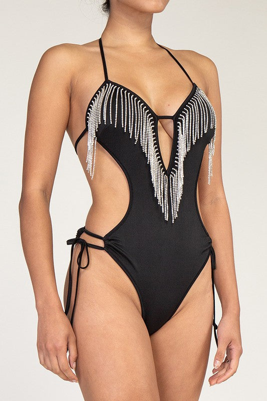 Rhinestone Fringed Cut Out One Piece